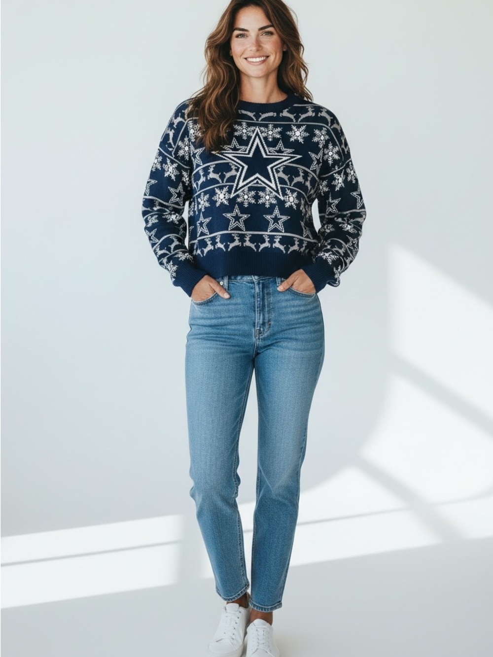NFL Navy & White Dallas Cowboys Fair Isle Crew Cropped Sweater - Women - Picture 6 of 7